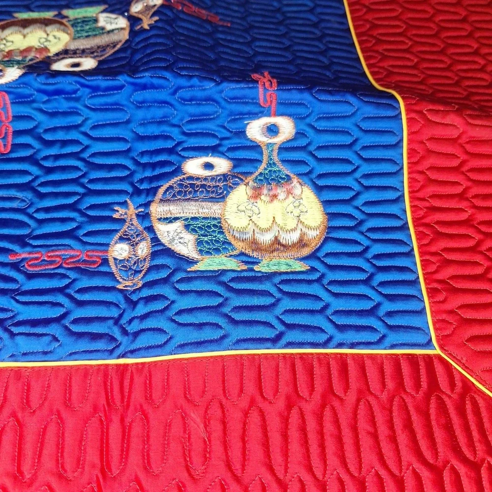 Vintage Korean Joseon Style Embroidered Satin Pillow Covers Pair Hyungbae Folk A